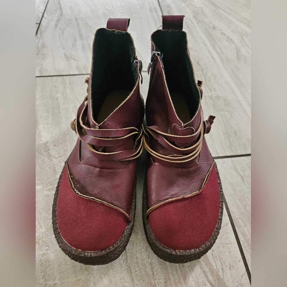 Women's Burgundy all Leather Ankle Booties with Wrap Detail